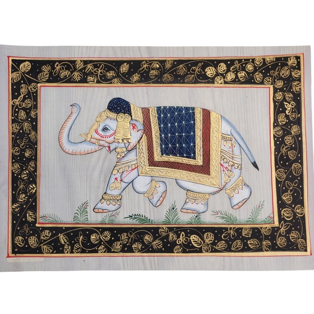 Silk Painting Unisex 10x13 Gold Elephant Indian Folk Art Hand Painted Animal Vtg